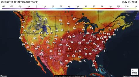 Map of the United States showing temperature